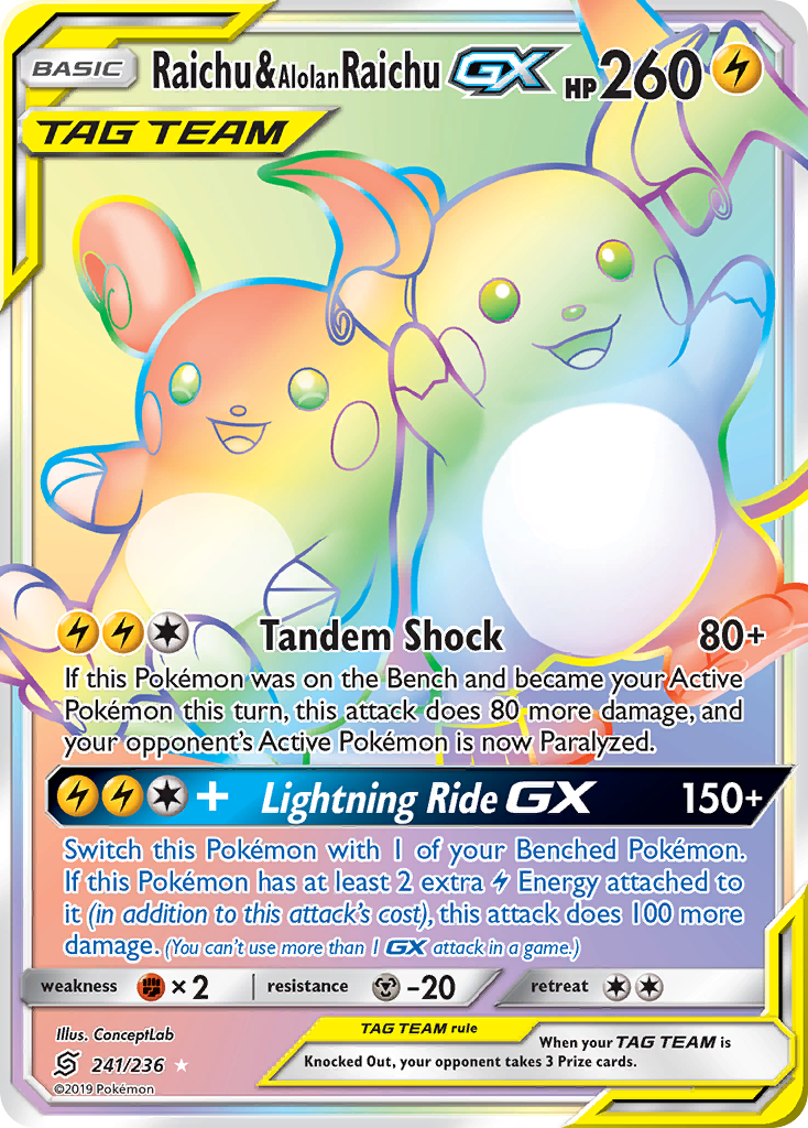 pulled the Raichu & Alolan Raichu-GX (Rare Rainbow) from Unified Minds 🔥